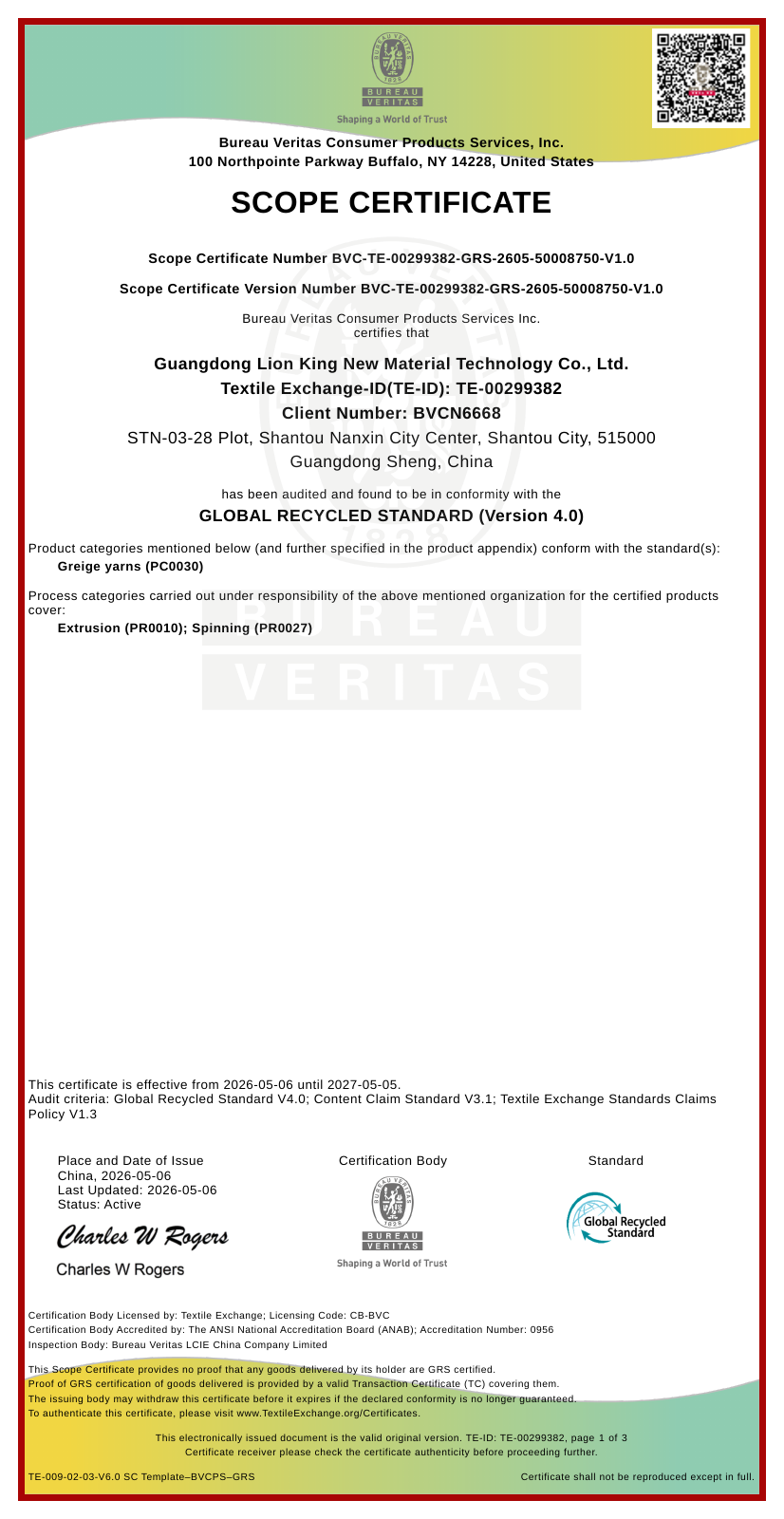 GRS scope certificate, page 1 of 3