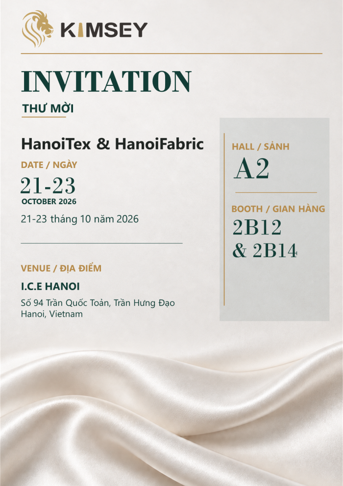 KIMSEY invitation to HanoiTex and HanoiFabric, October 21-23, 2026, Hall A2, booths 2B12 and 2B14